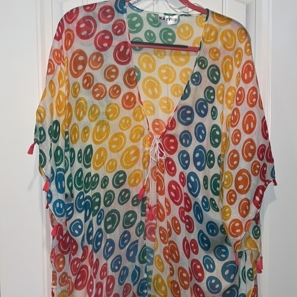 Cute smiley face rainbow lightweight poncho coverup one size boho hippie - Picture 2 of 16